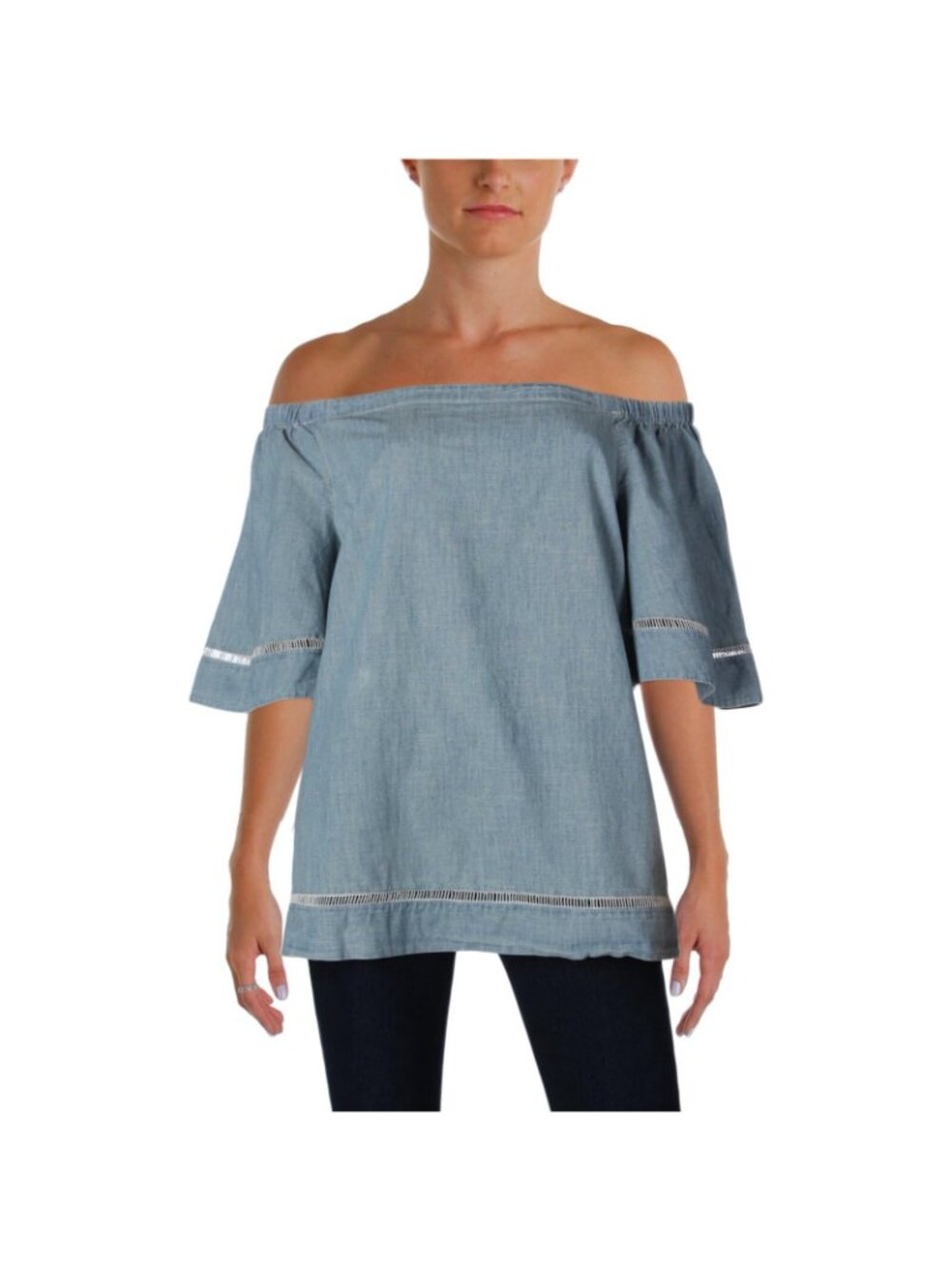 Lauren Ralph Lauren Blue Chambray Off Shoulder Flutter Sleeve Top Womens Medium - Picture 2 of 14